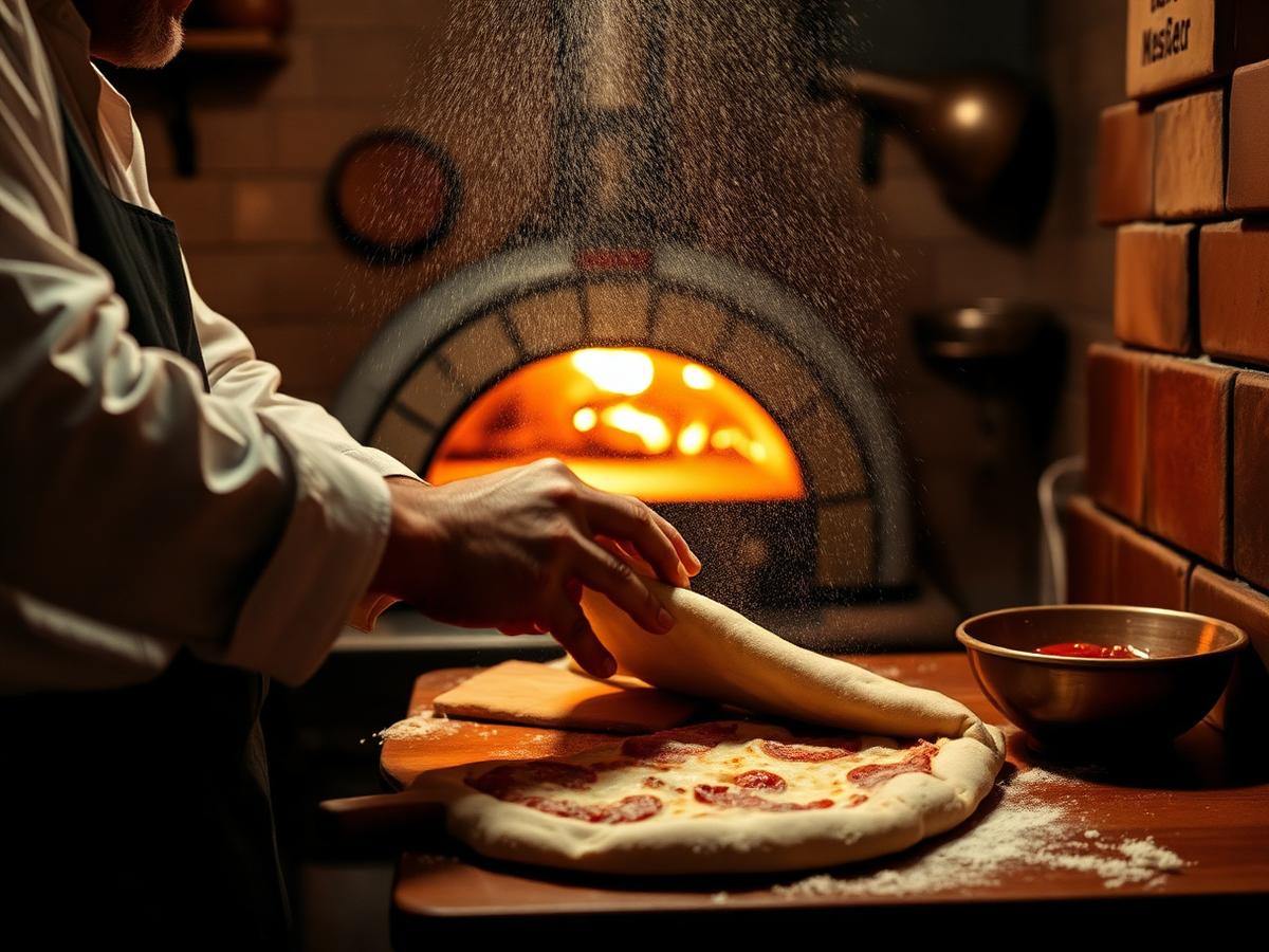 Hand-stretching slow-fermented dough at Santo's Pizza